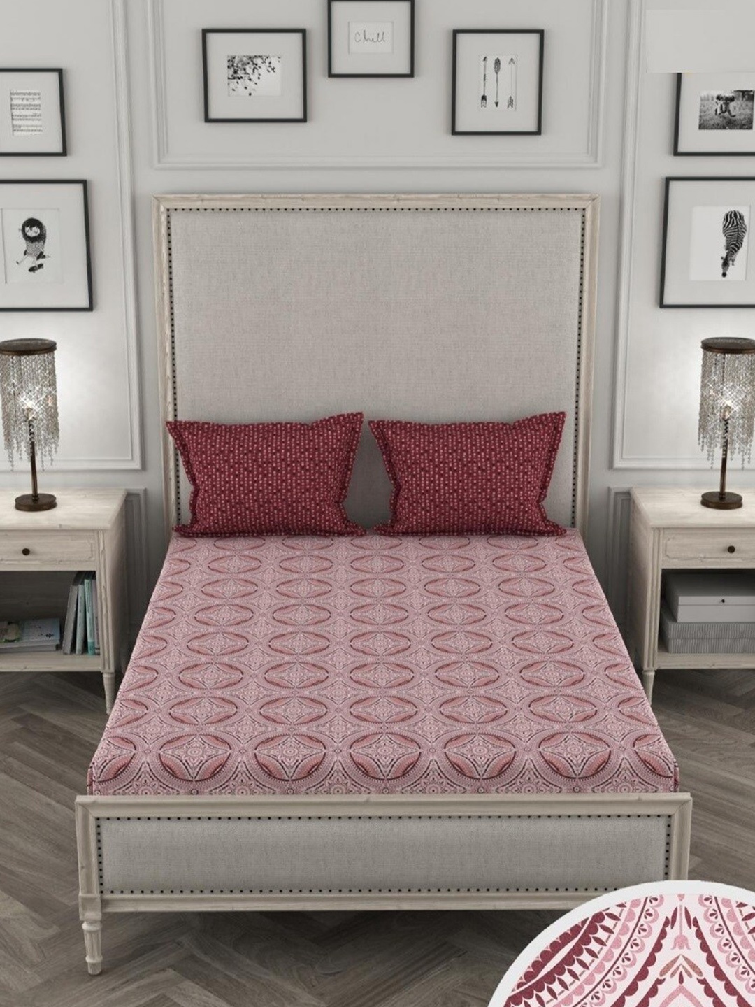 

Home Fresh Ethnic Motifs 144 TC King Cotton Bedsheet with 2 Pillow Covers, Pink