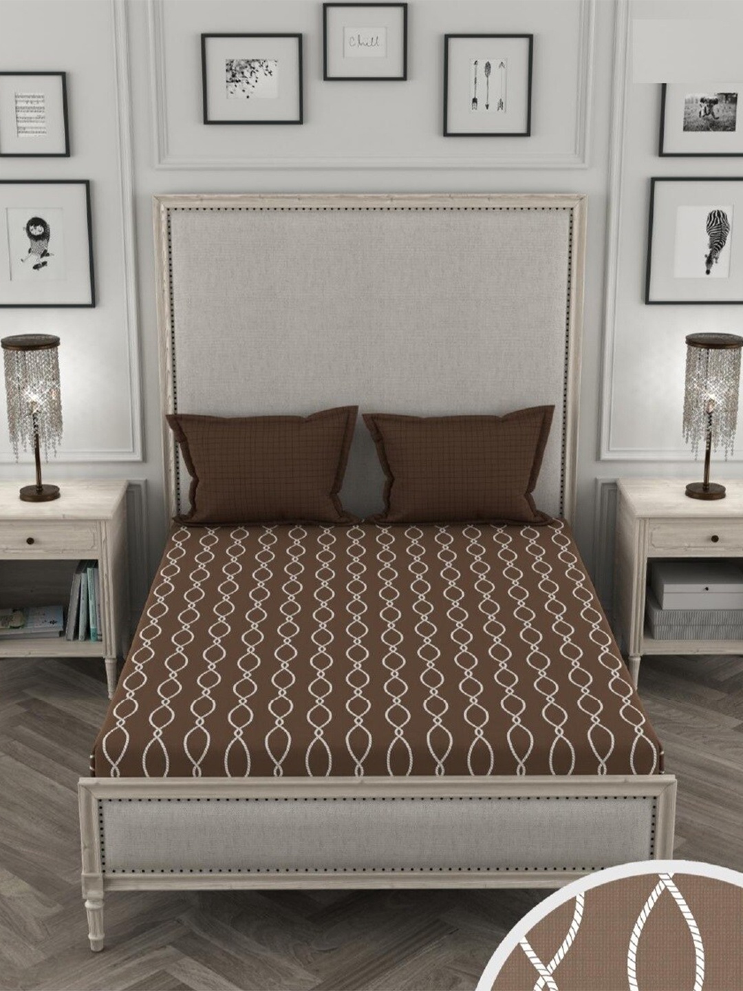 

Home Fresh Geometric 144 TC King Cotton Bedsheet with 2 Pillow Covers, Brown