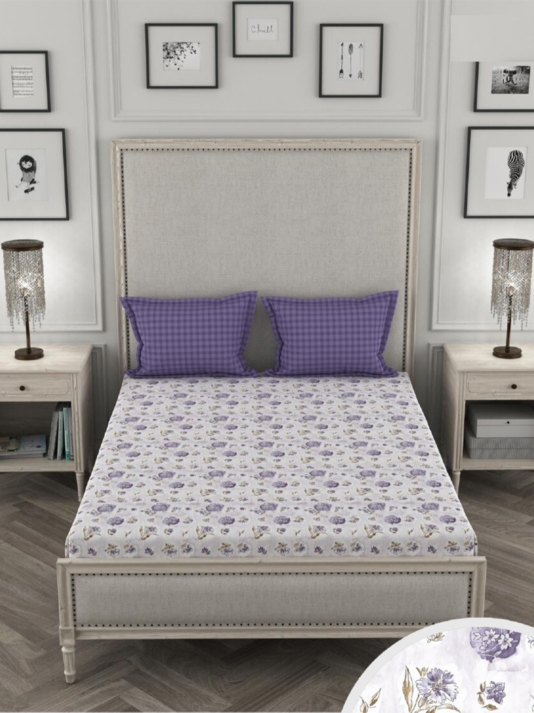 

Home Fresh Floral 144 TC King Cotton Bedsheet with 2 Pillow Covers, White