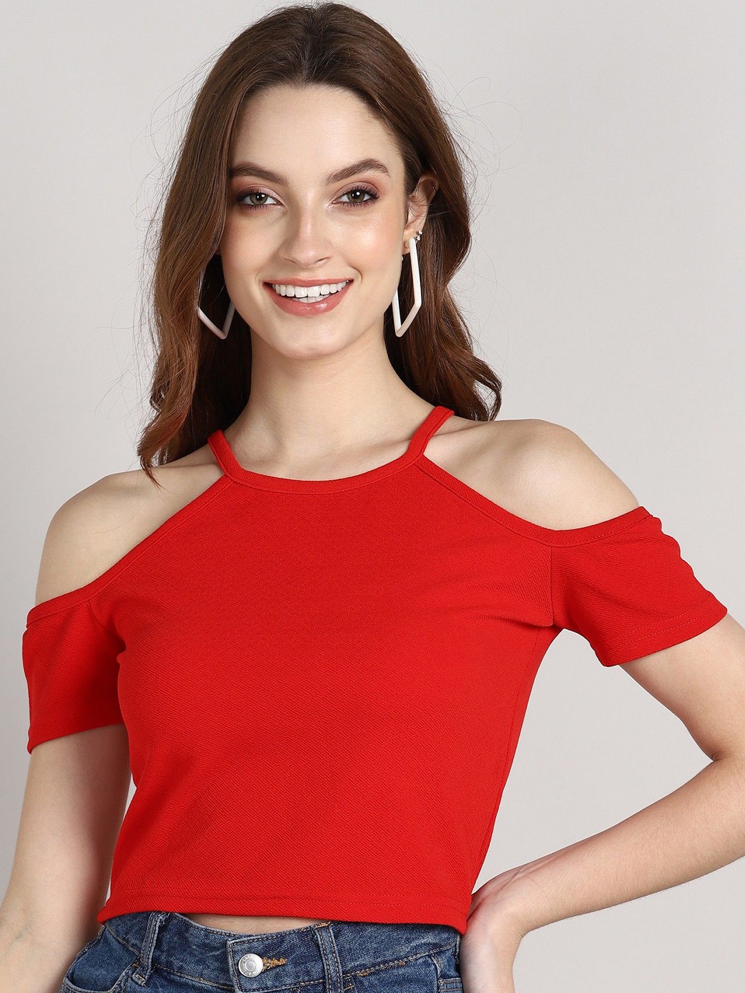 

Gaurgeous Women Red Solid Cold Shoulder Crepe Crop Top