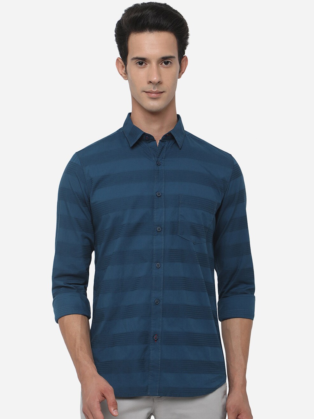 

JADE Men Slim Fit Horizontal Striped Pure Cotton Casual Shirt, Blue