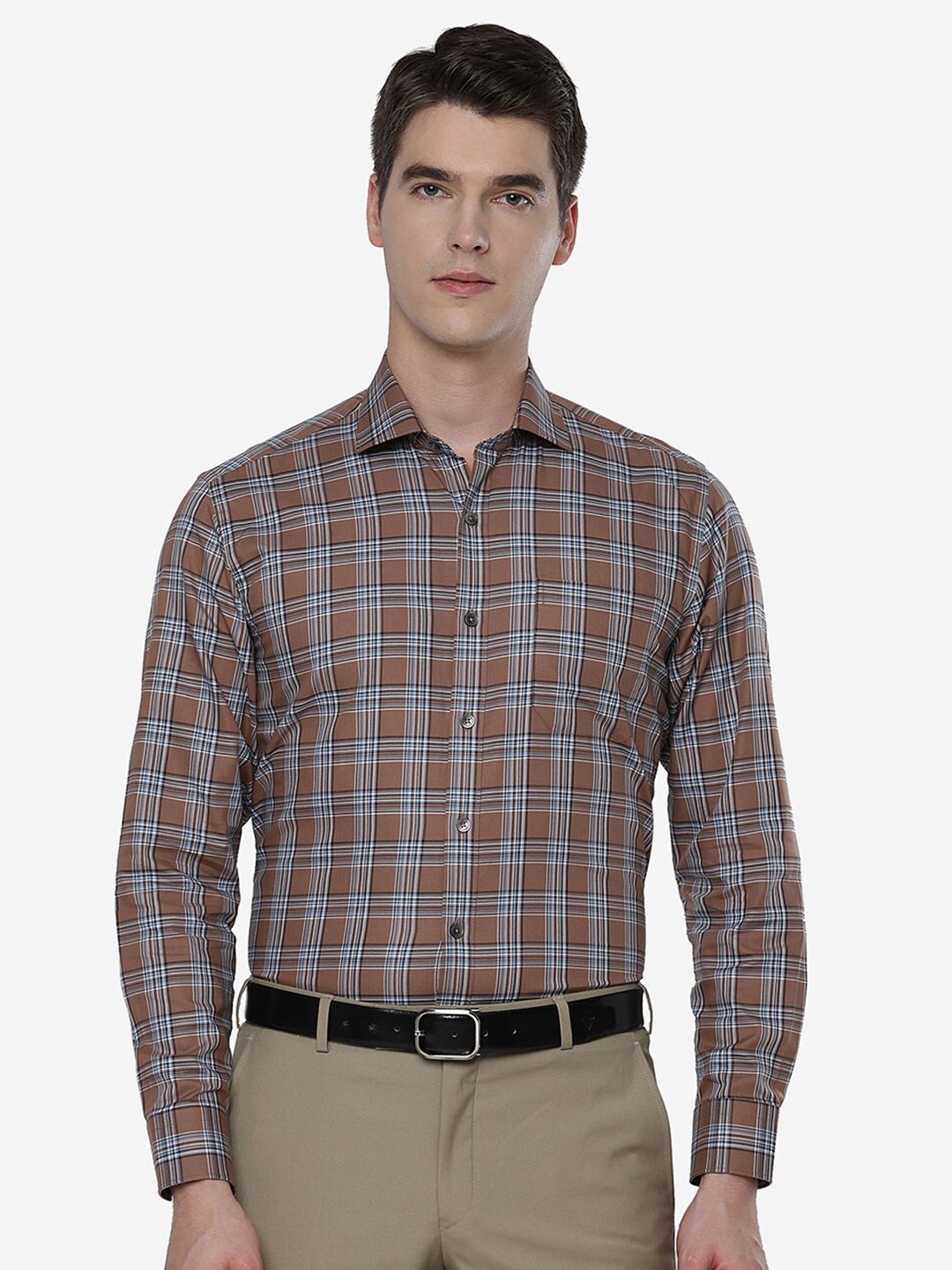 

JADE BLUE Men Brown Slim Fit Tartan Checked Pure Cotton Formal Shirt