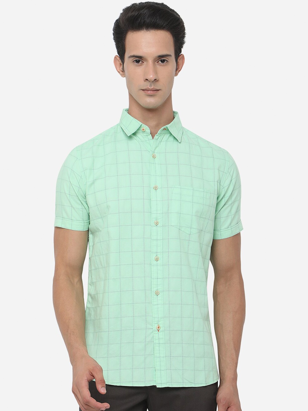 

JADE BLUE Men Slim Fit Checked Pure Cotton Casual Shirt, Green