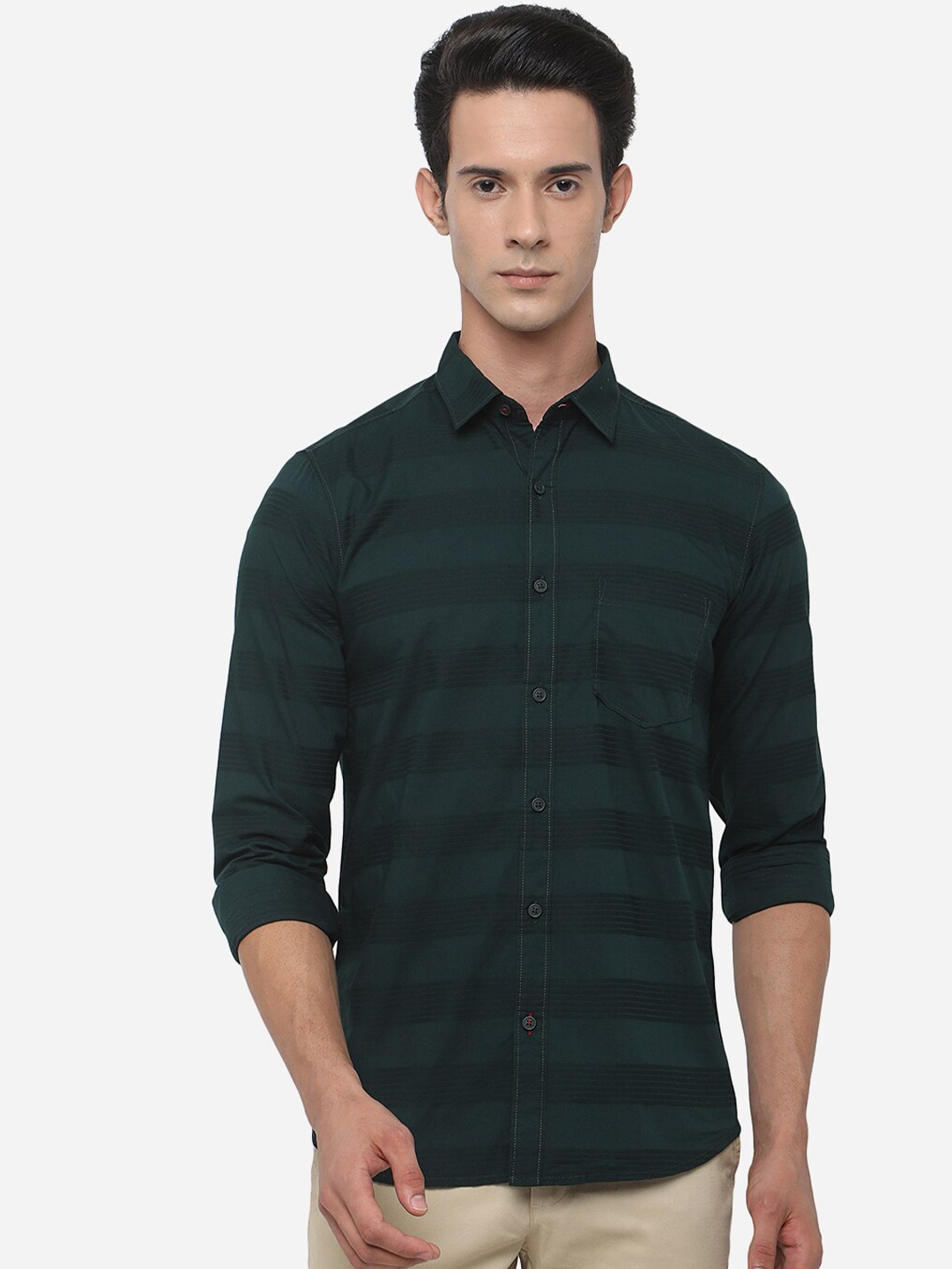

JADE BLUE Men Slim Fit Horizontal Striped Pure Cotton Casual Shirt, Green