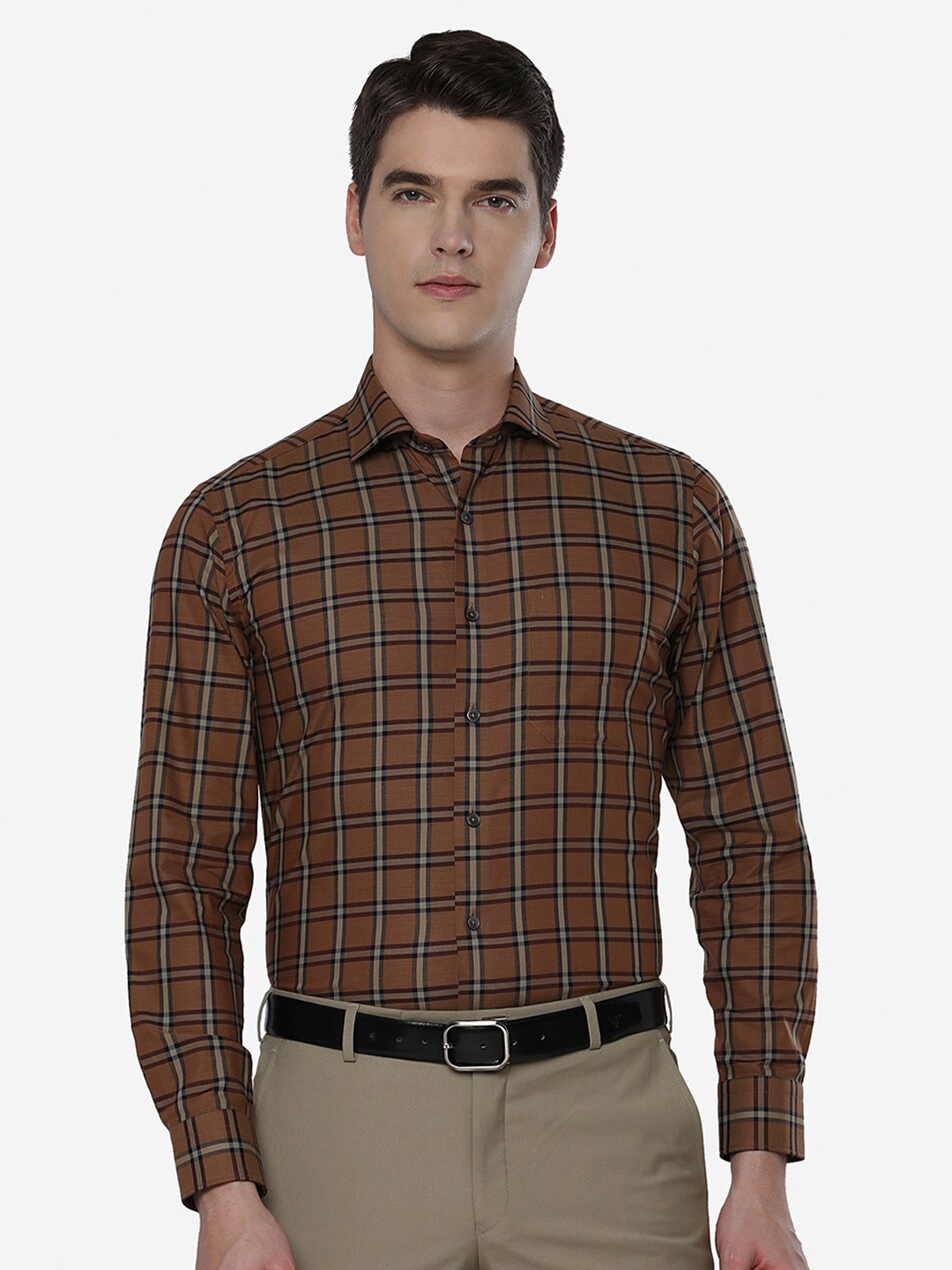 

JADE BLUE Men Slim Fit Checked Pure Cotton Formal Shirt, Rust