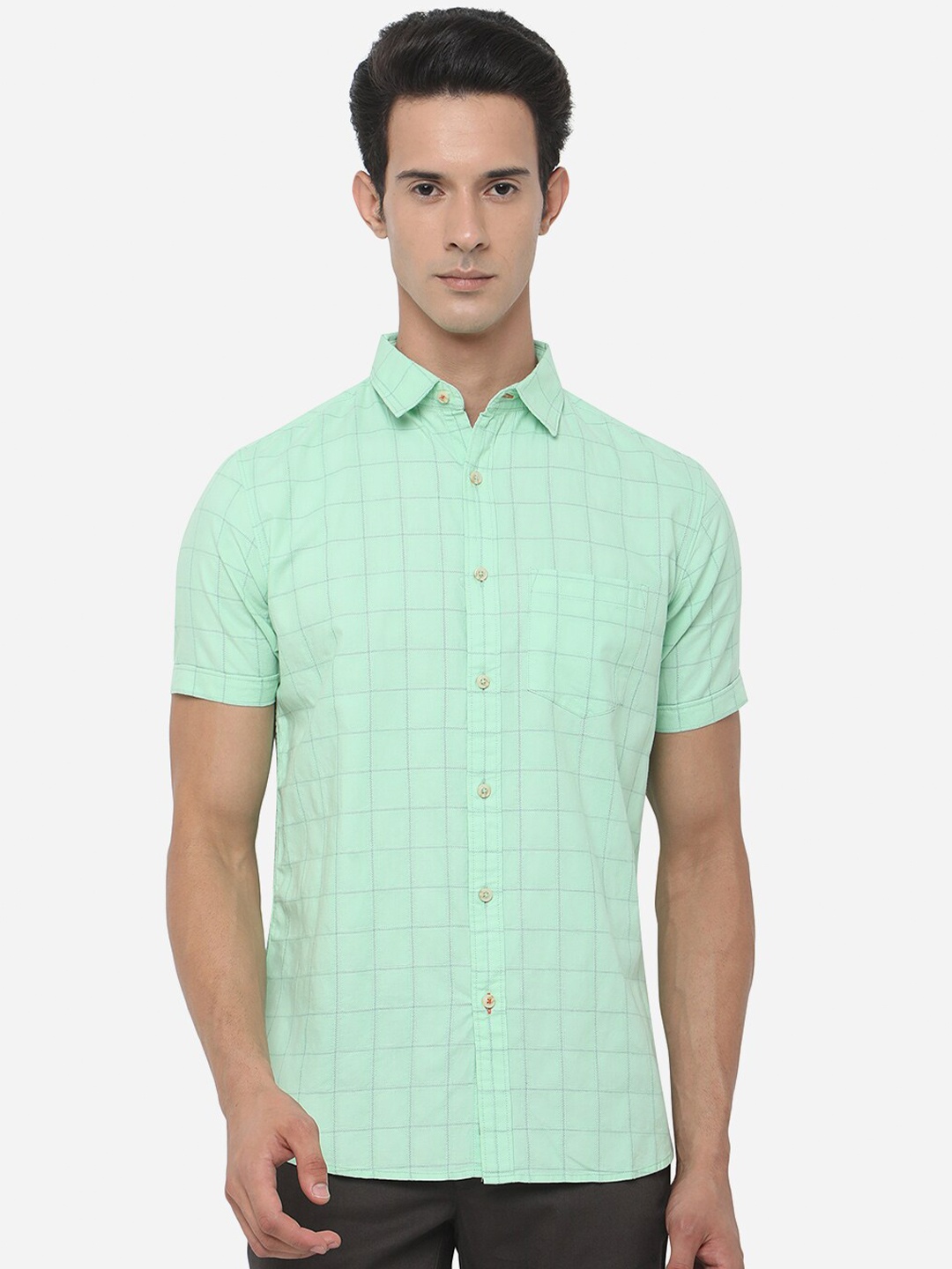 

JADE BLUE Men Green Slim Fit Checked Pure Cotton Casual Shirt