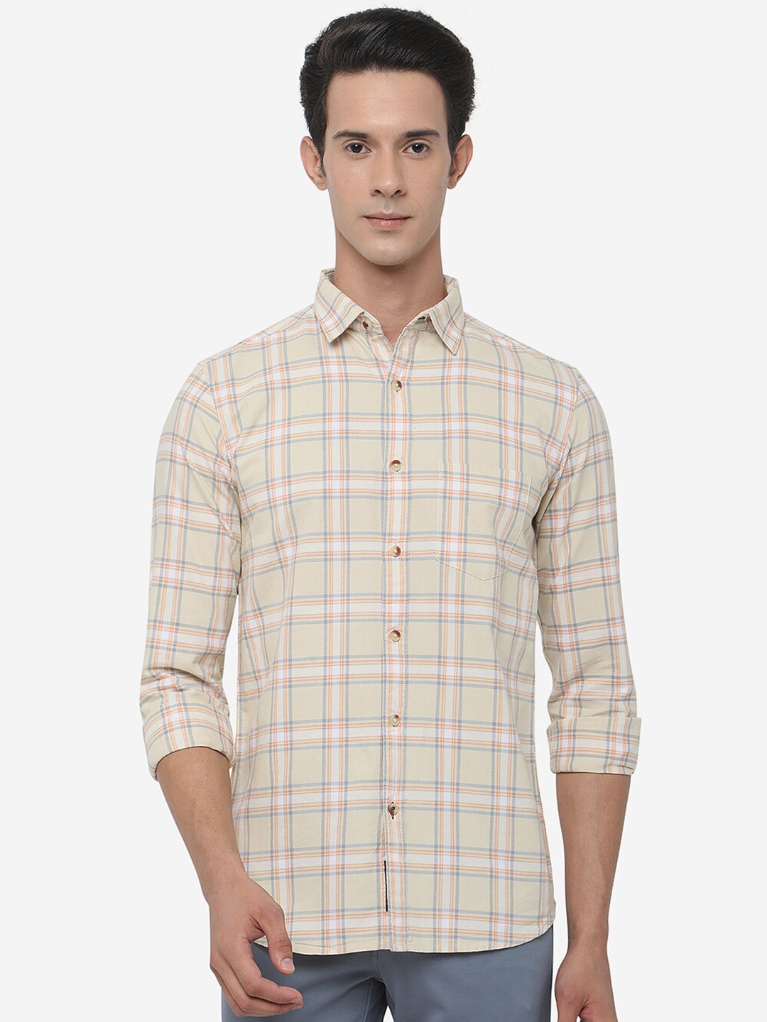

JADE BLUE Men Slim Fit Checked Pure Cotton Casual Shirt, Beige