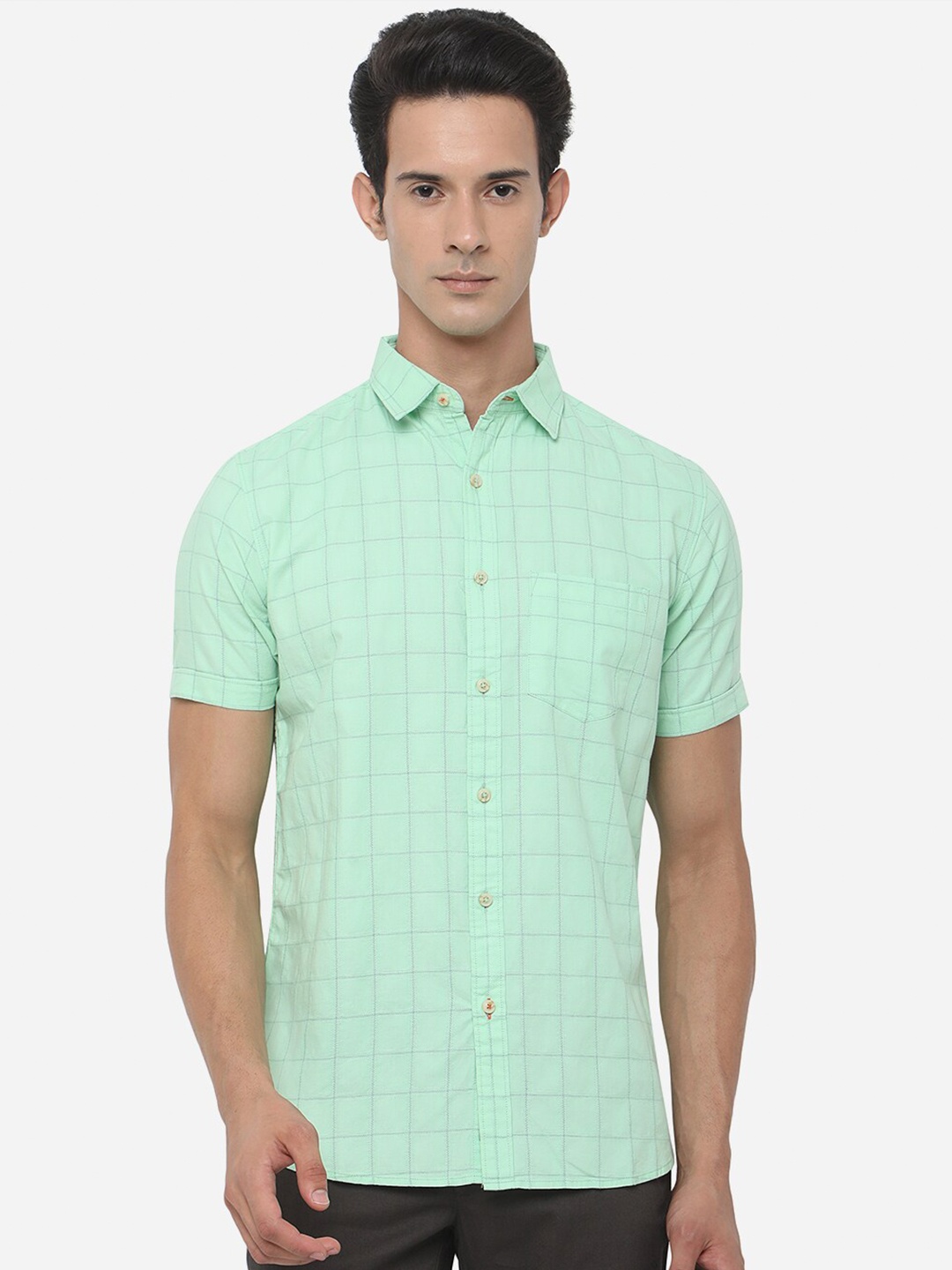 

JADE BLUE Men Green Slim Fit Checked Pure Cotton Casual Shirt