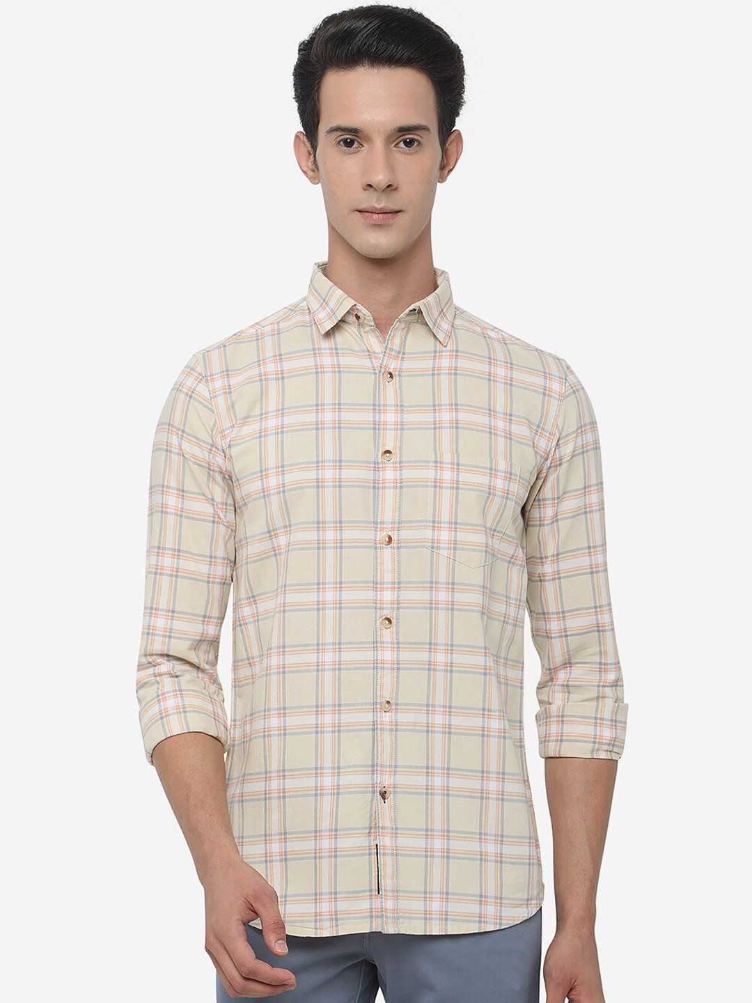 

JADE BLUE Men Slim Fit Checked Pure Cotton Casual Shirt, Yellow