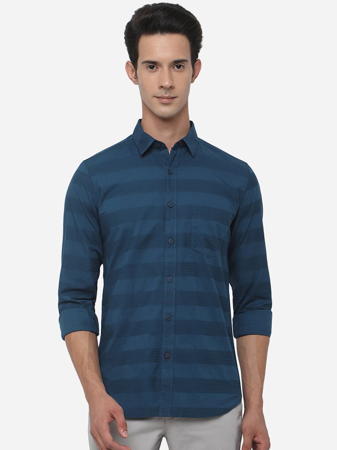 

JADE BLUE Men Slim Fit Horizontal Striped Pure Cotton Casual Shirt