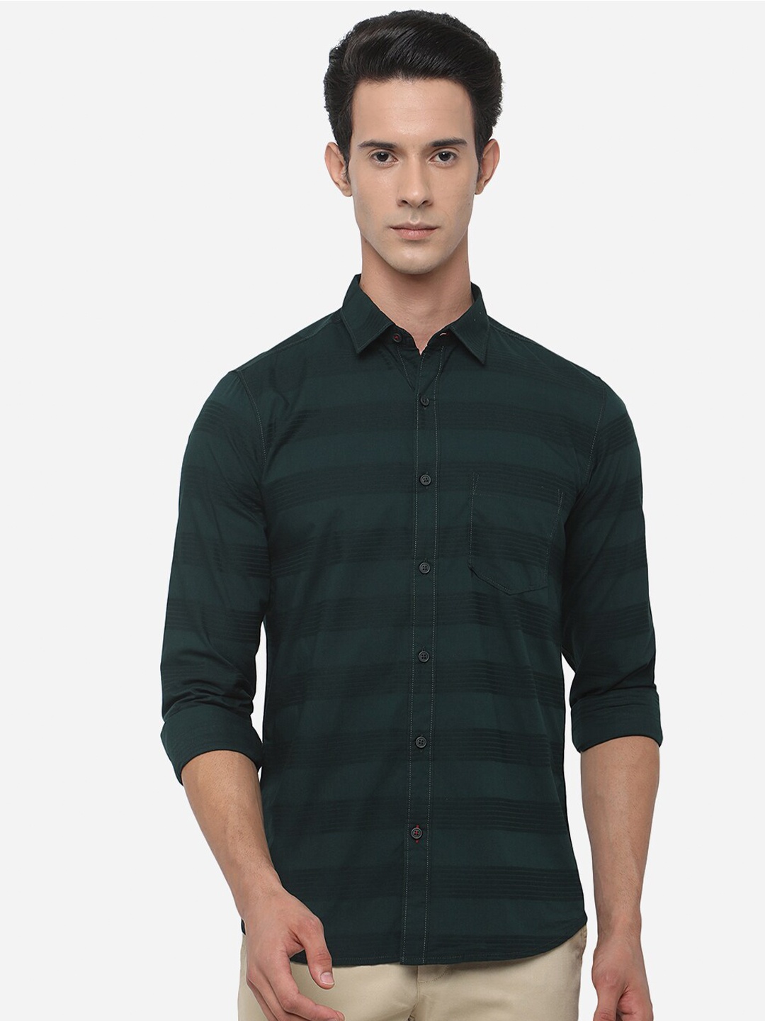 

JADE BLUE Men Slim Fit Horizontal Striped Pure Cotton Casual Shirt, Green