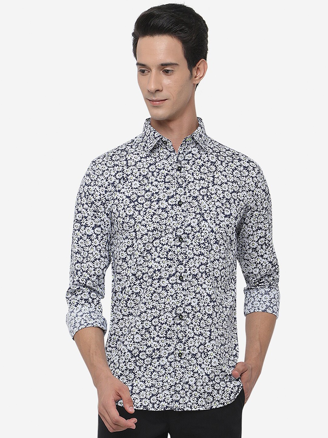 

JADE BLUE Men Slim Fit Floral Printed Pure Cotton Casual Shirt, White