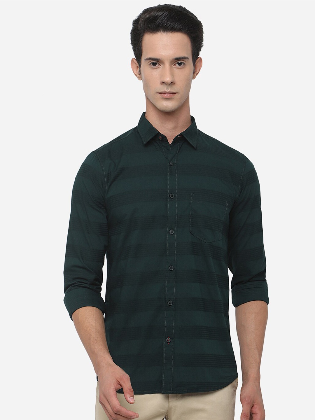 

JADE BLUE Men Slim Fit Horizontal Striped Pure Cotton Casual Shirt, Green