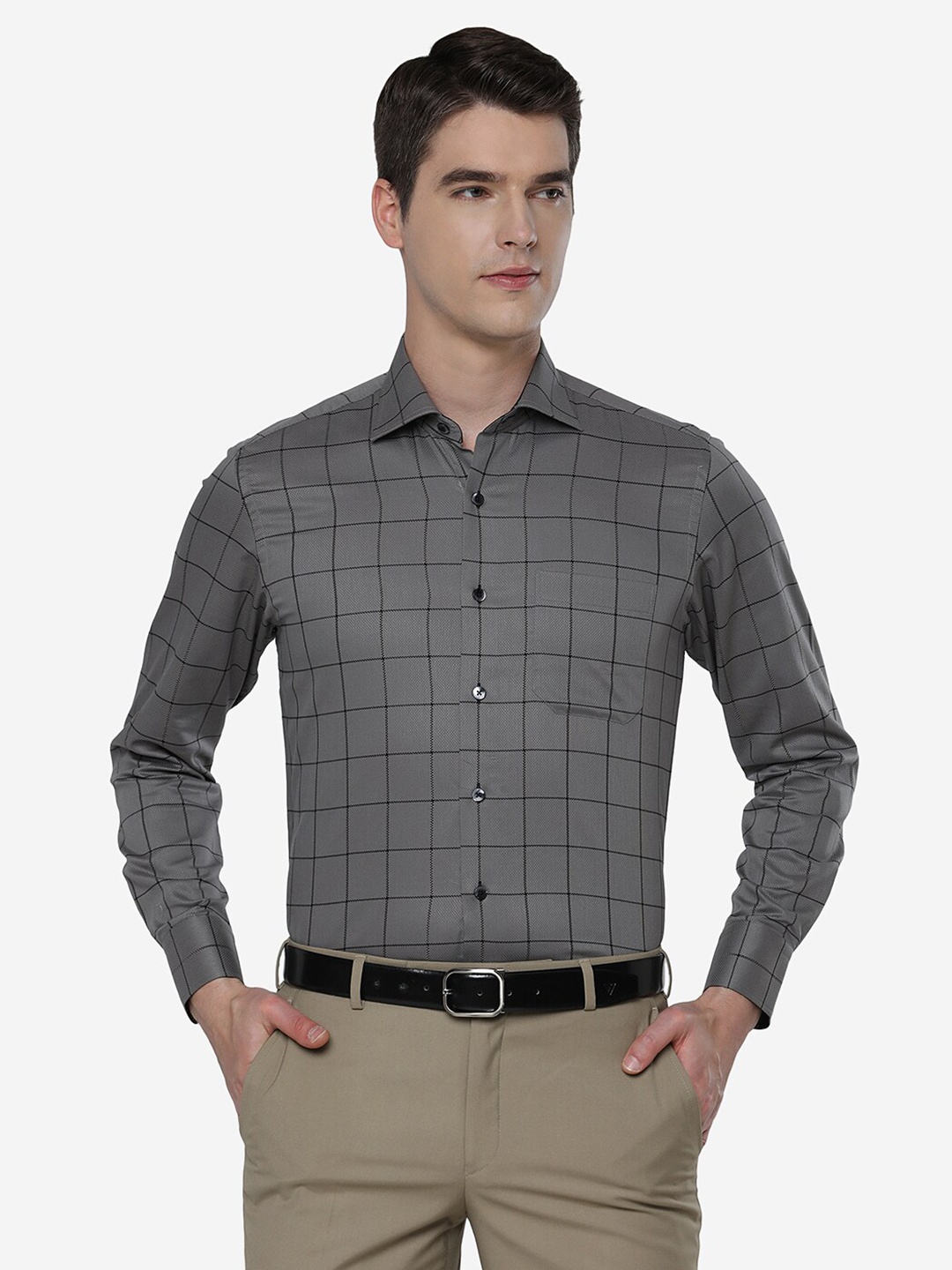 

METAL Men Slim Fit Grid Tattersall Checked Formal Shirt, Grey