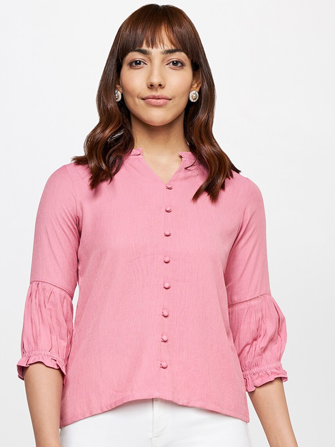 

AND Women Pink Solid Mandarin Collar Puff Sleeves Viscose Rayon Top
