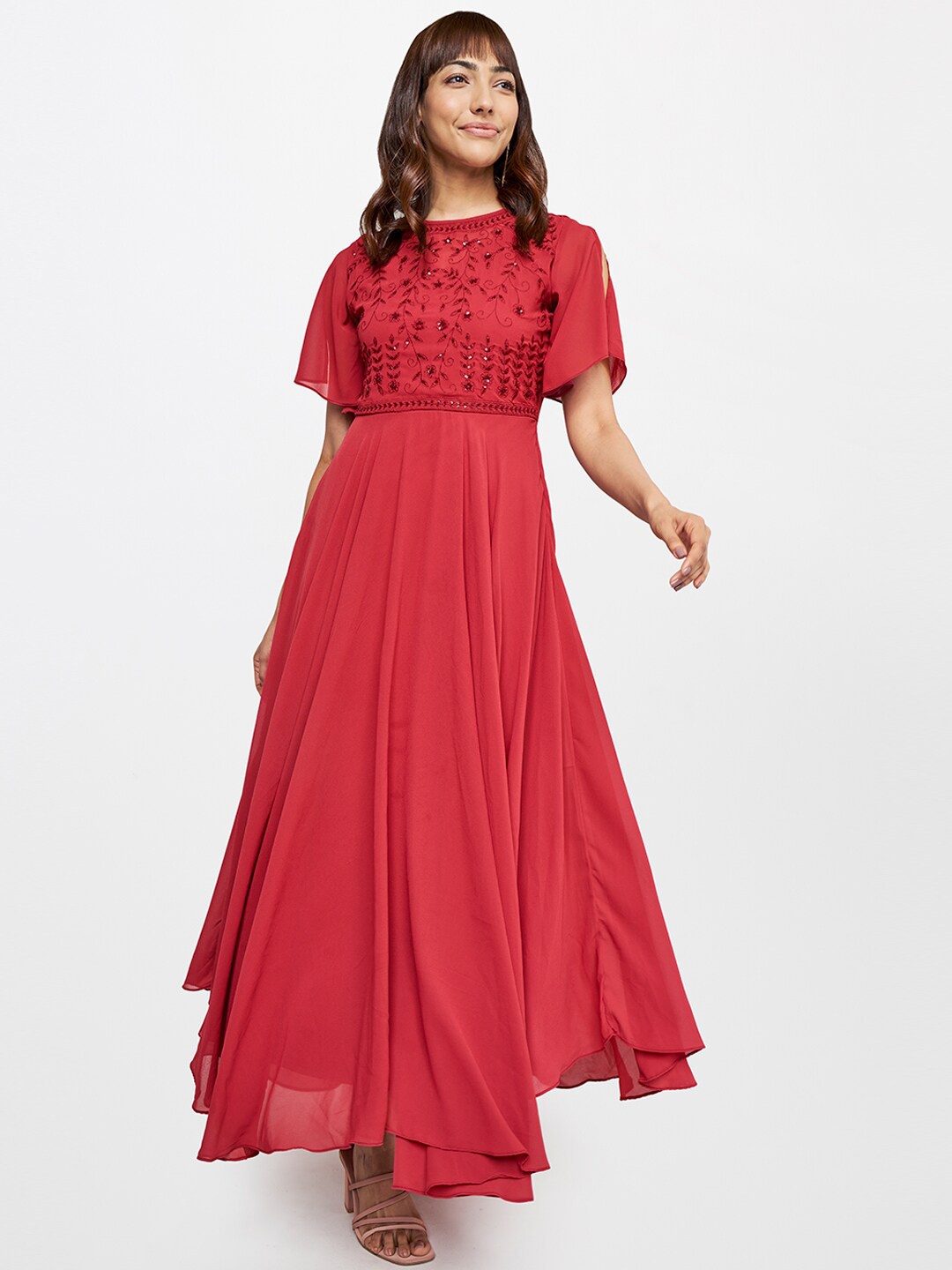 

AND Women Red Embellished Embroidered Maxi Dress