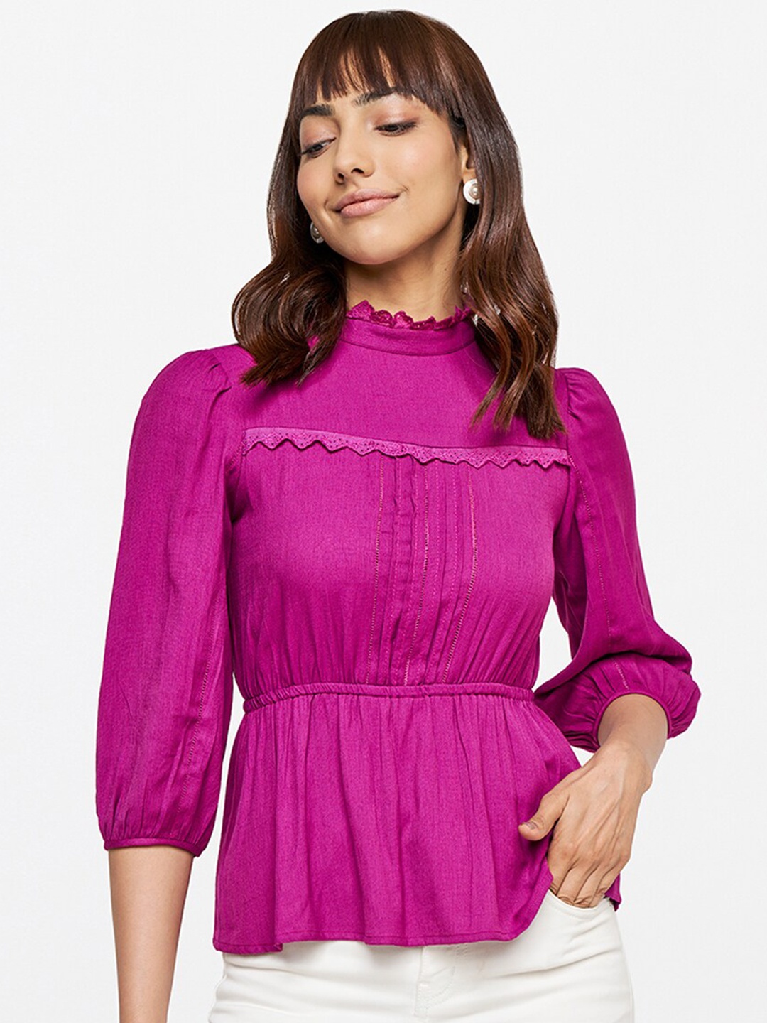 

AND Women Solid Mandarin Collar Cinched Waist Top, Magenta