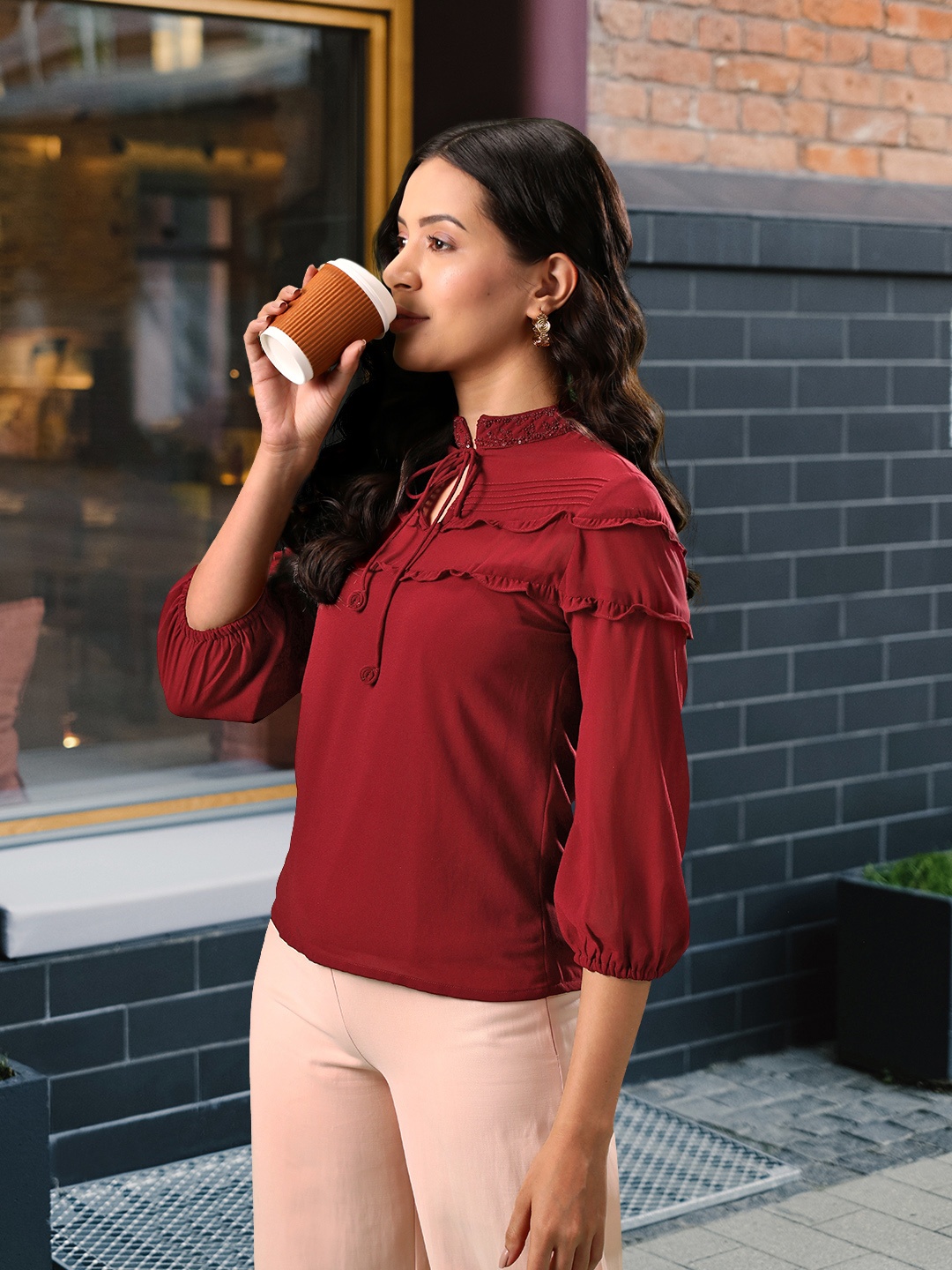 

AND Women Tie-Up Neck Ruffled Top, Maroon