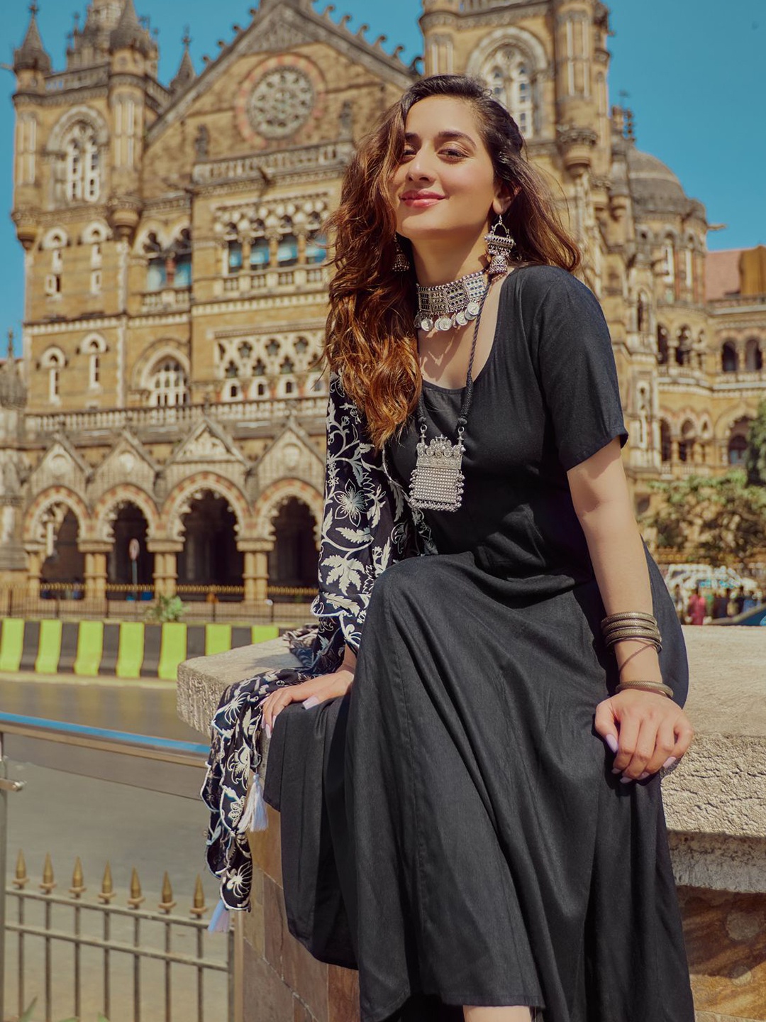 

Rustorange Women Black Pleated Kurta with Palazzos & Dupatta