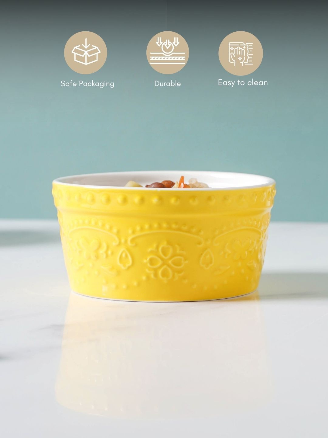 

Nestasia Yellow & White Textured Ceramic Pudding Bowl- 200 ml