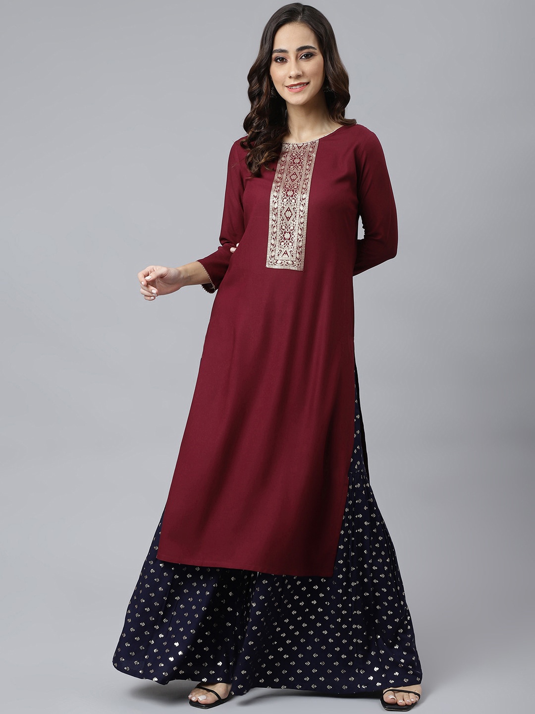 

Janasya Women Maroon Ethnic Motifs Yoke Design Kurta
