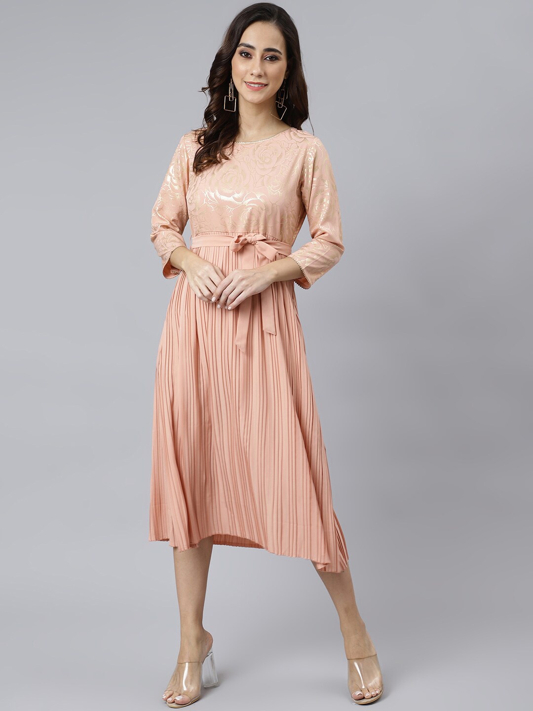 

Janasya Peach-Coloured Floral Crepe A-Line Dress