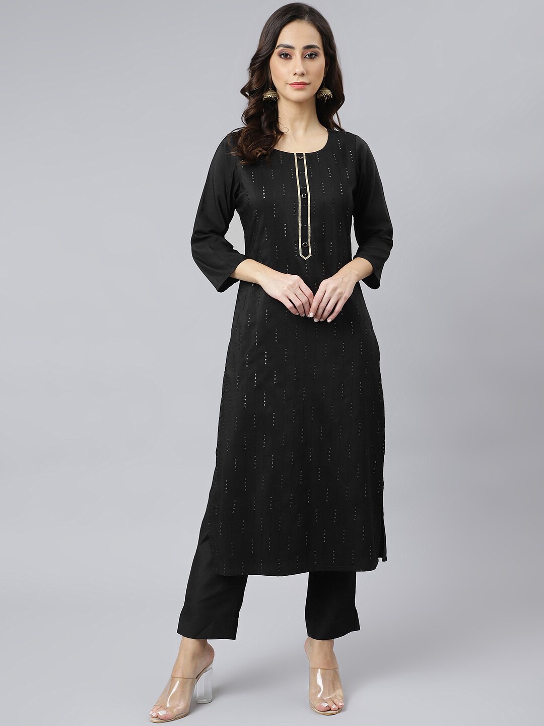 

Janasya Women Black Embroidered Sequinned Kurta with Trousers