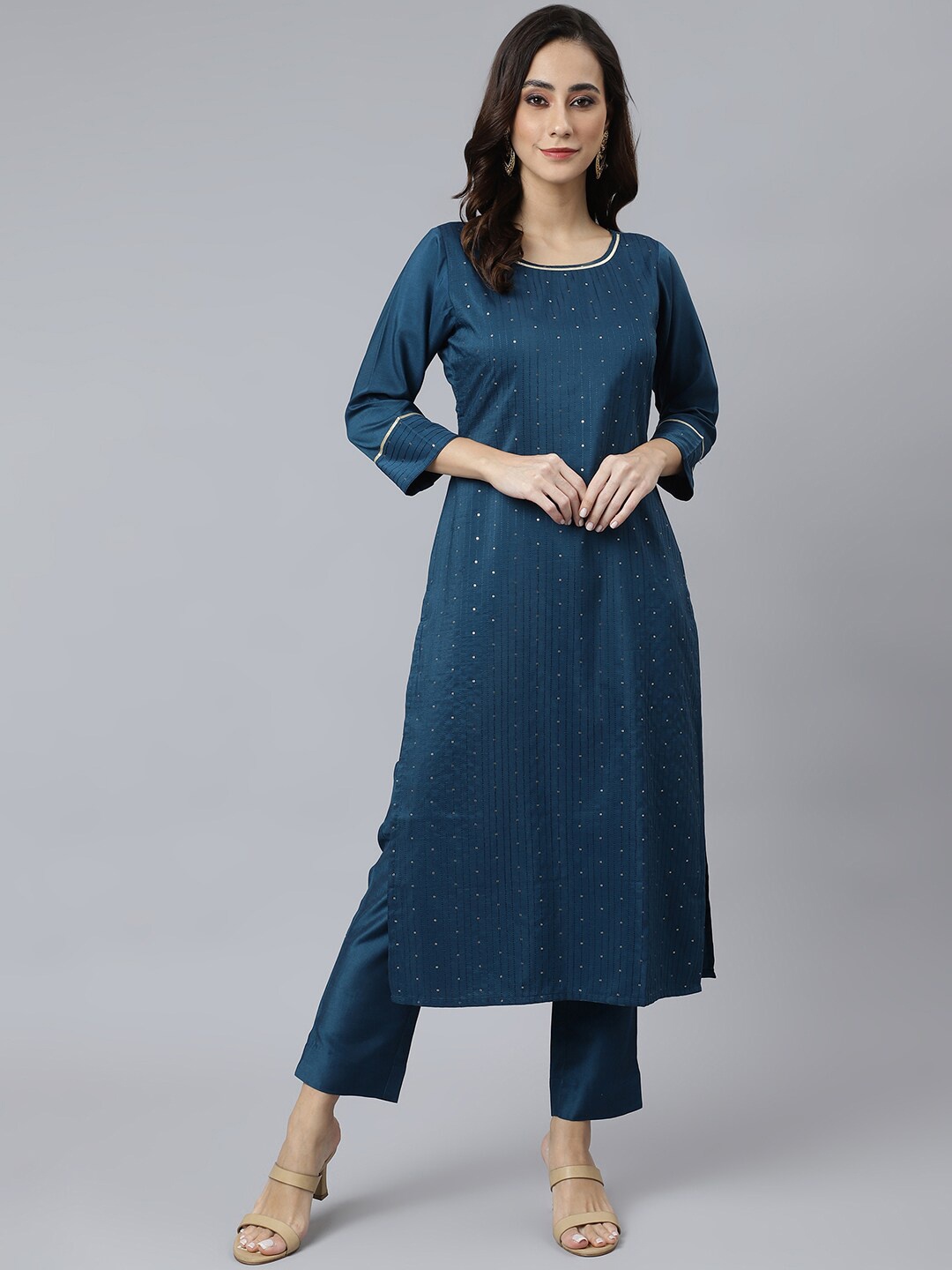 

Janasya Women Teal Embroidered Sequinned Kurta with Trousers