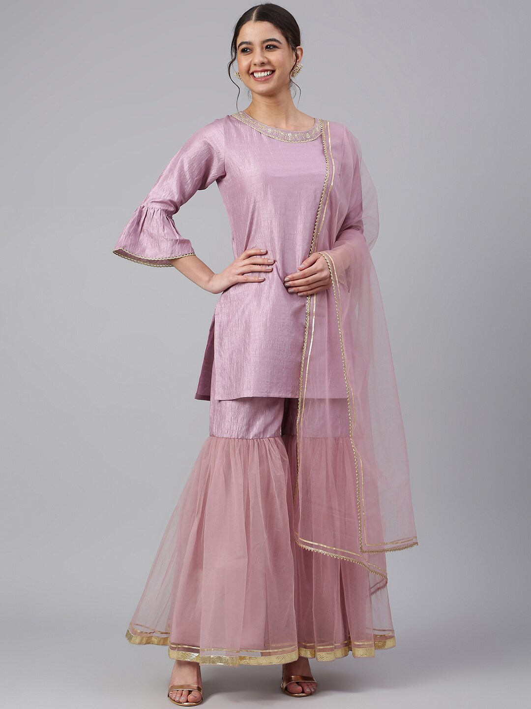 

Janasya Women Mauve Embroidered Gotta Patti Kurti with Sharara & With Dupatta