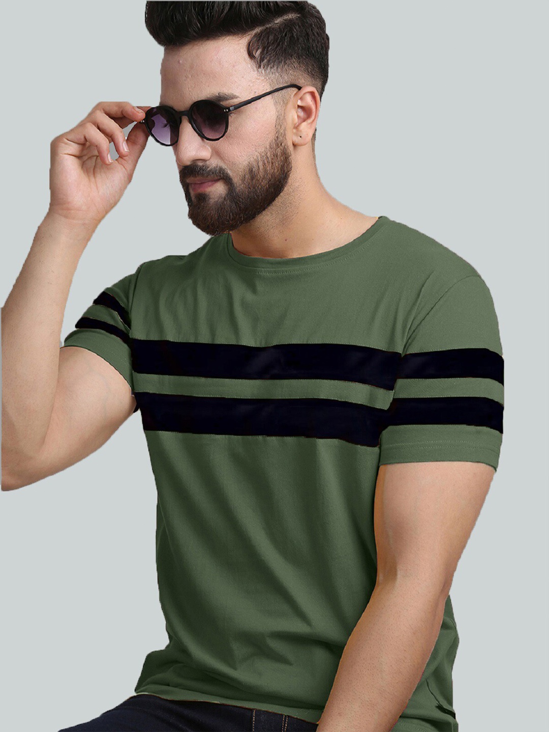 

Rodzen Men Olive Green Striped Pure Cotton T-shirt