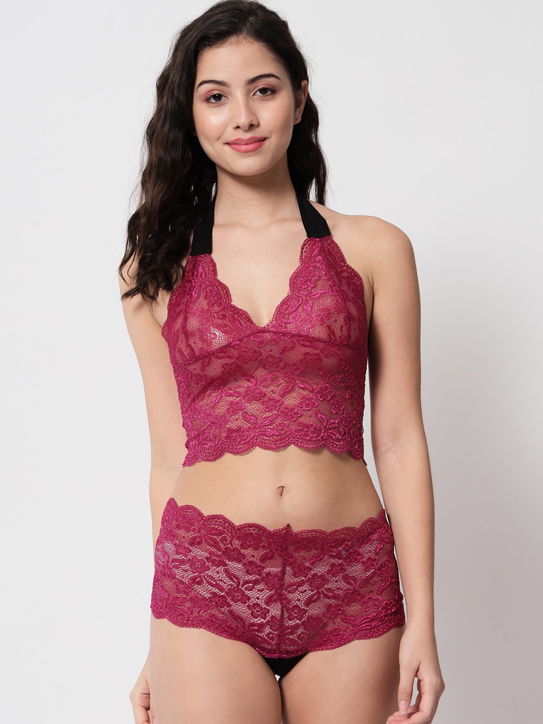 

Klamotten Maroon Lace Halter Bra & Thong Lingerie Set