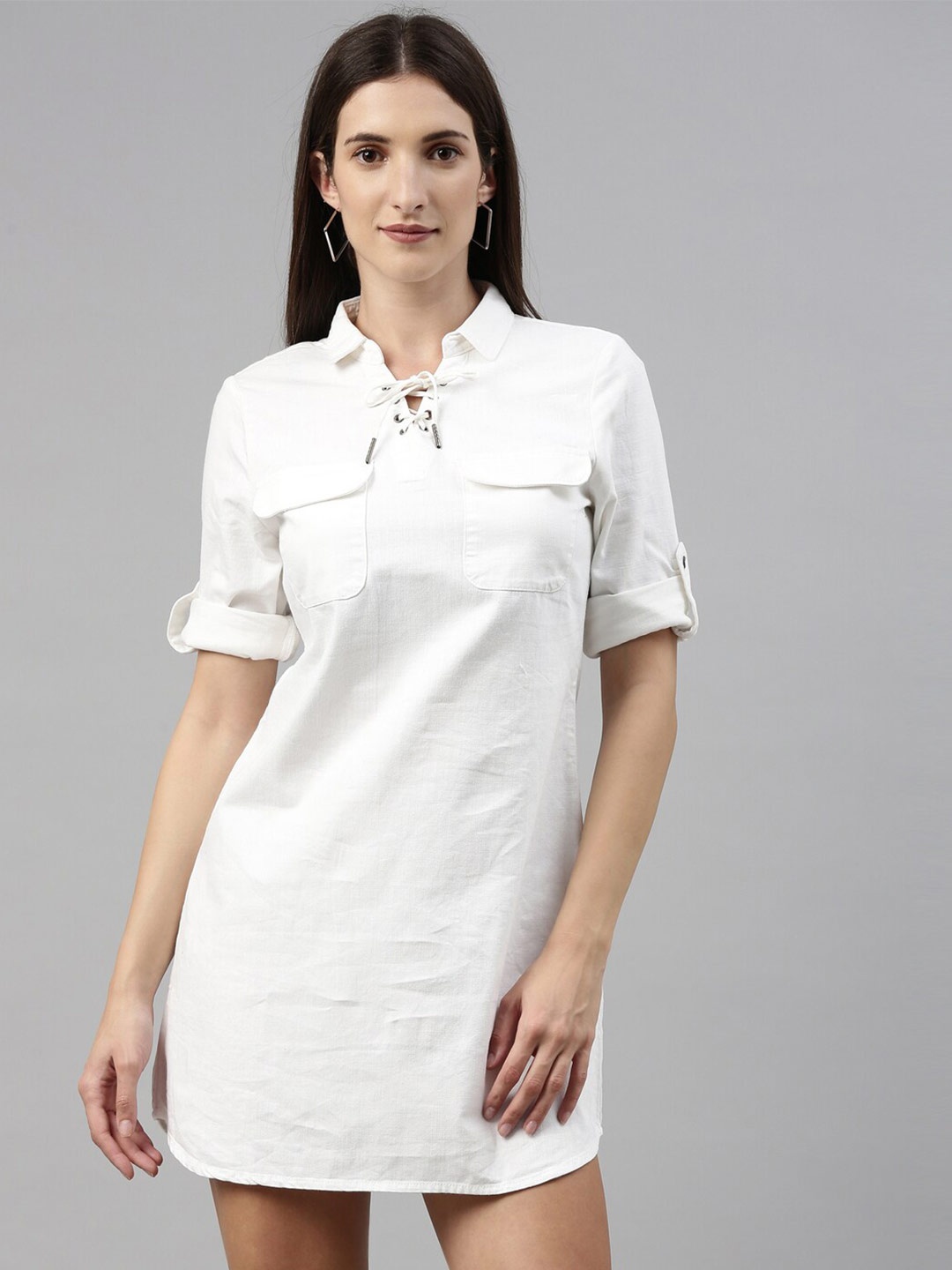 

Enviously Young White Tie-Up Neck Cotton Shirt Dress