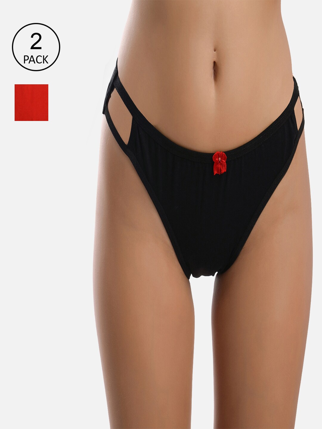 

FIMS Women Pack Of 2 Black & Red Solid Hipster Briefs