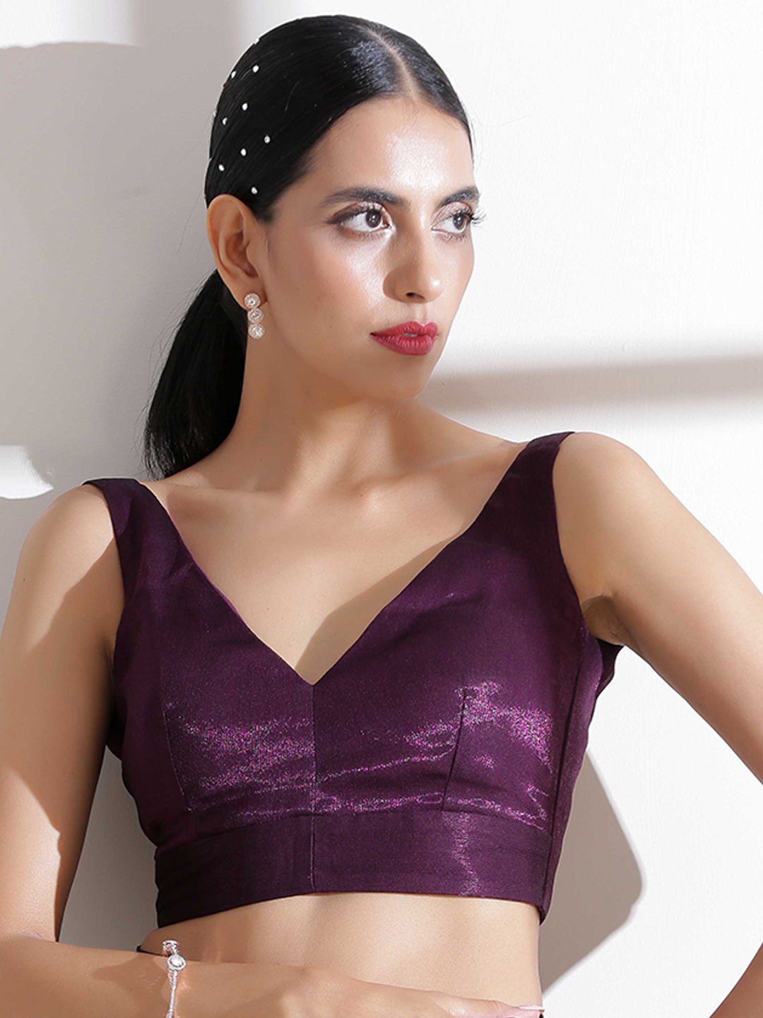 

Swtantra Women Purple Solid V-Neck Shimmer Readymade Saree Blouse