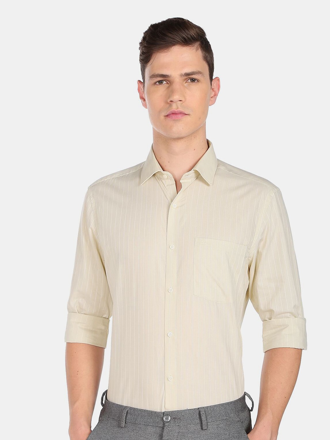 

Arrow Men Regular Fit Striped Cotton Formal Shirt, Beige