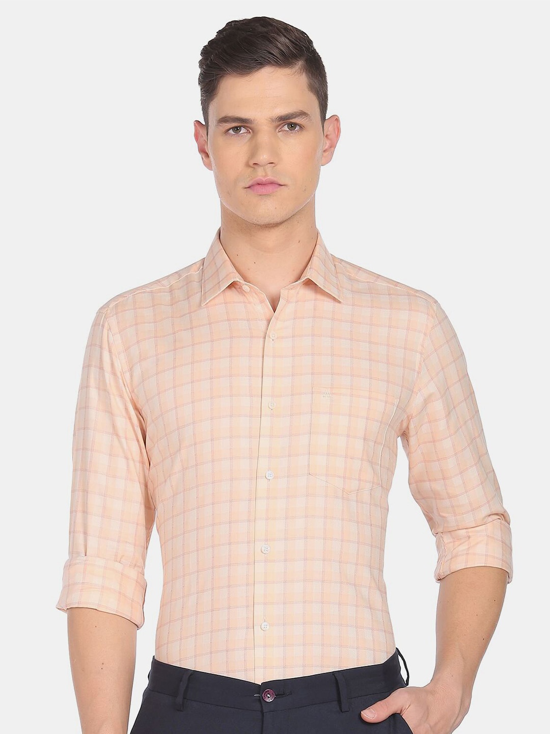 

Arrow Men Slim Fit Tartan Checked Cotton Formal Shirt, Peach