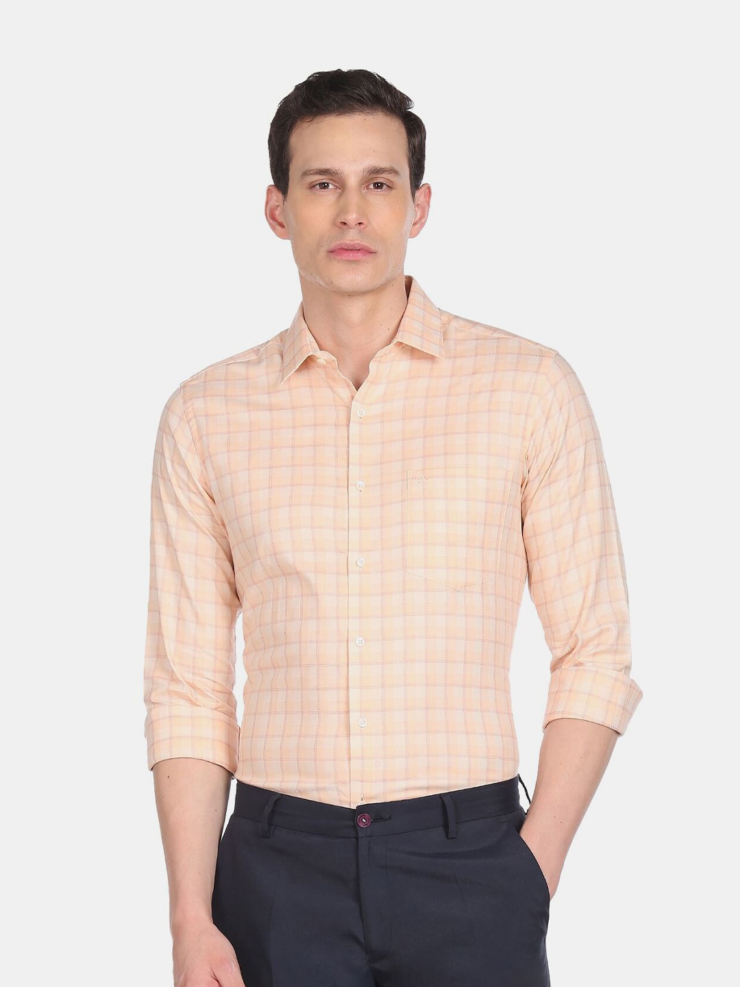 

Arrow Men Regular Fit Checked Cotton Formal Shirt, Peach