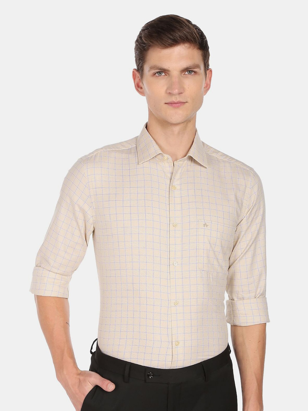 

Arrow Men Regular Fit Checked Cotton Formal Shirt, Beige