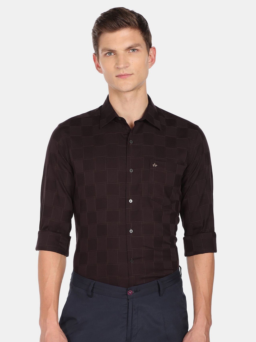 

Arrow New York Men Slim Fit Windowpane Checked Cotton Formal Shirt, Maroon