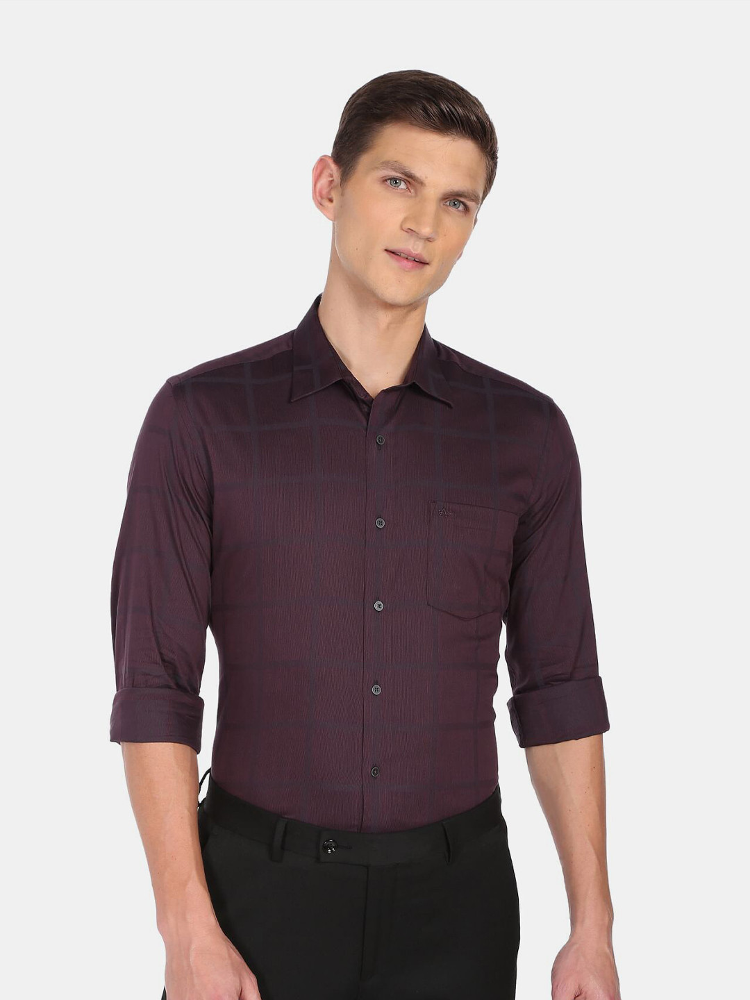

Arrow New York Men Slim Fit Windowpane Checked Cotton Formal Shirt, Violet