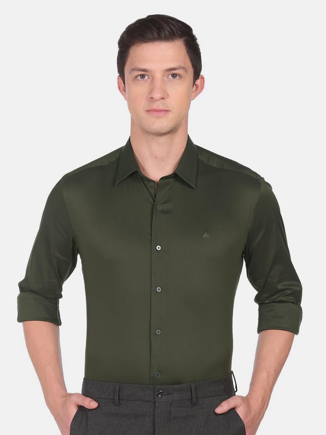 

Arrow New York Men Slim Fit Solid Cotton Formal Shirt, Green
