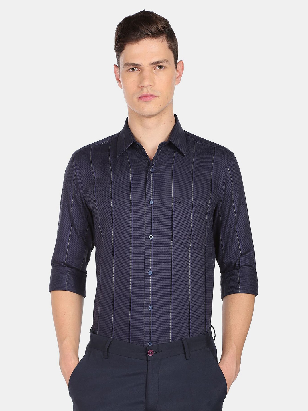 

Arrow New York Men Slim Fit Striped Cotton Formal Shirt, Navy blue