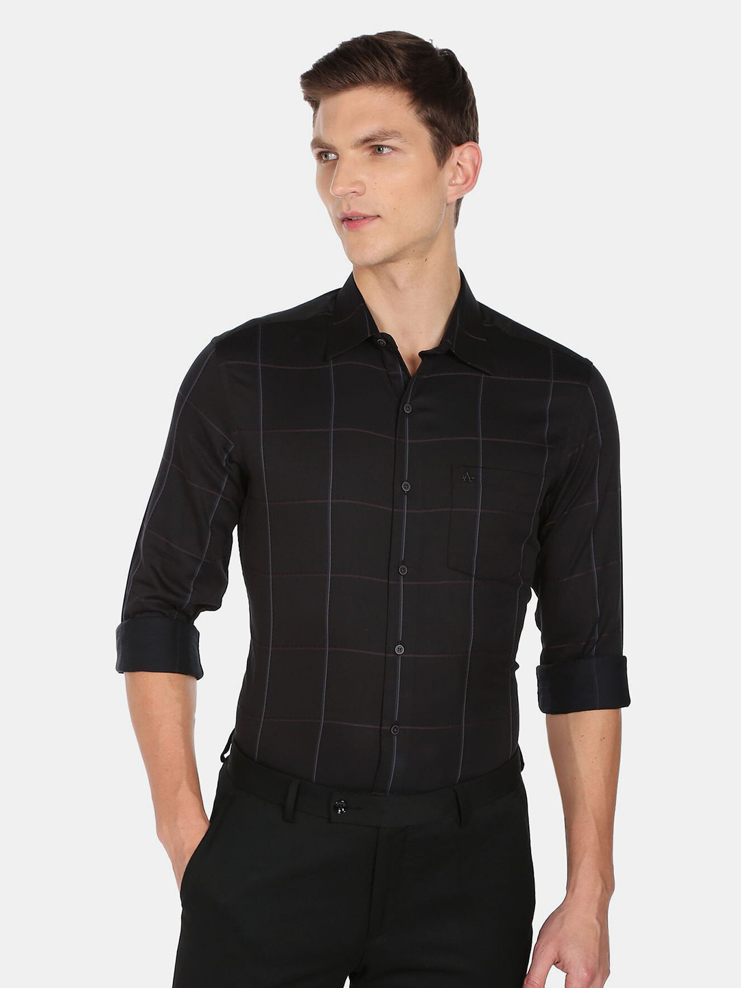 

Arrow New York Men Slim Fit Windowpane Checked Cotton Formal Shirt, Black