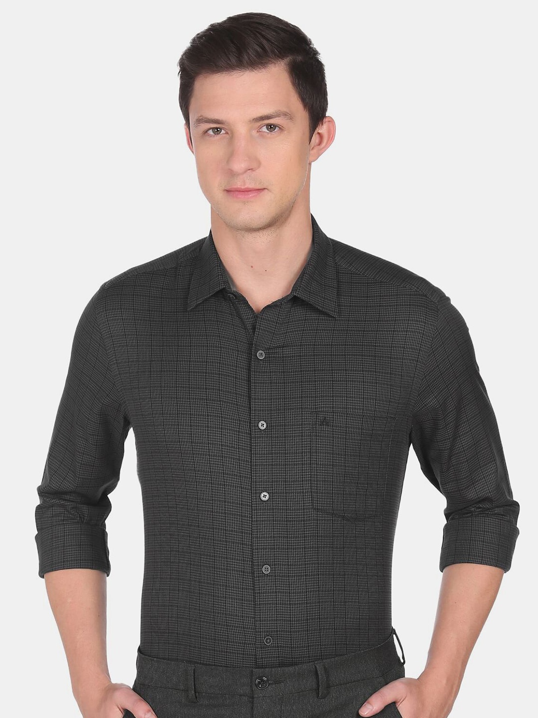 

Arrow New York Men Slim Fit Grid Tattersall Checked Cotton Formal Shirt, Black