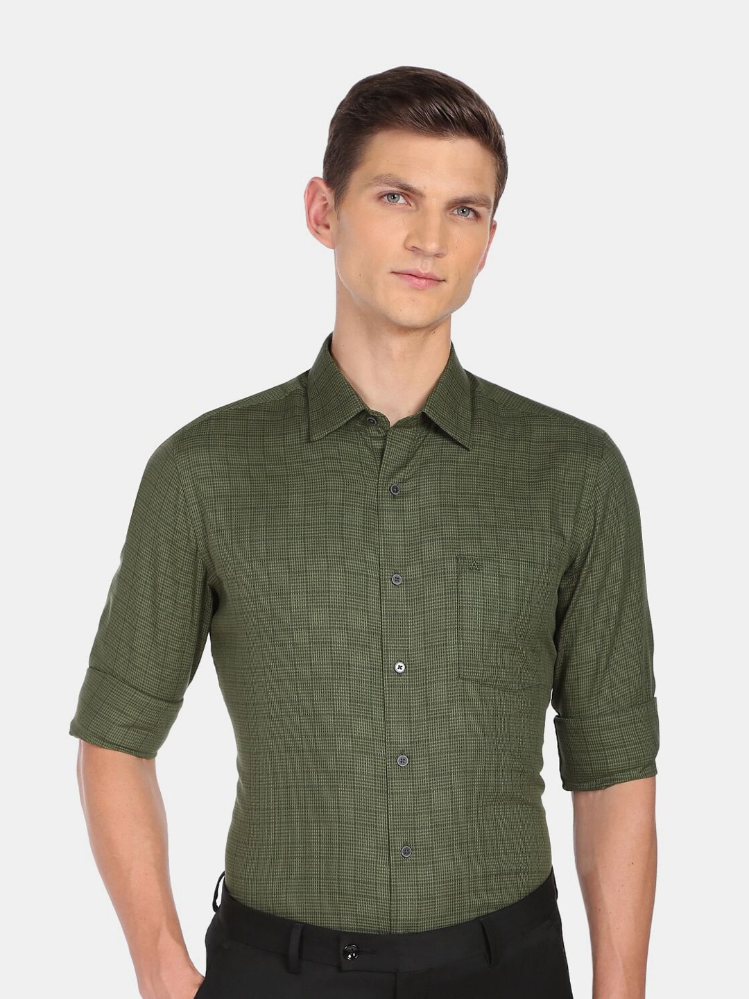

Arrow New York Men Slim Fit Grid Tattersall Checked Cotton Formal Shirt, Green