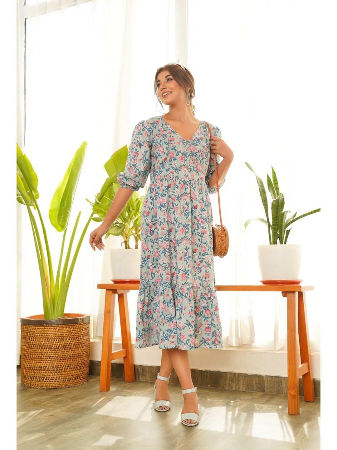

NANGALIA RUCHIRA Blue & Pink Floral Midi Dress