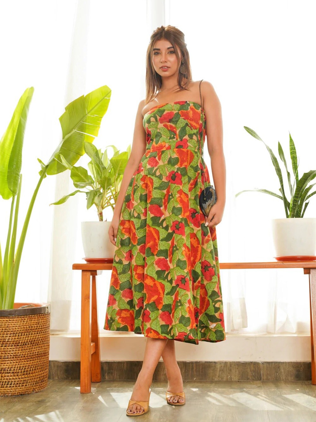 

NANGALIA RUCHIRA Green Floral Off-Shoulder A-Line Maxi Dress