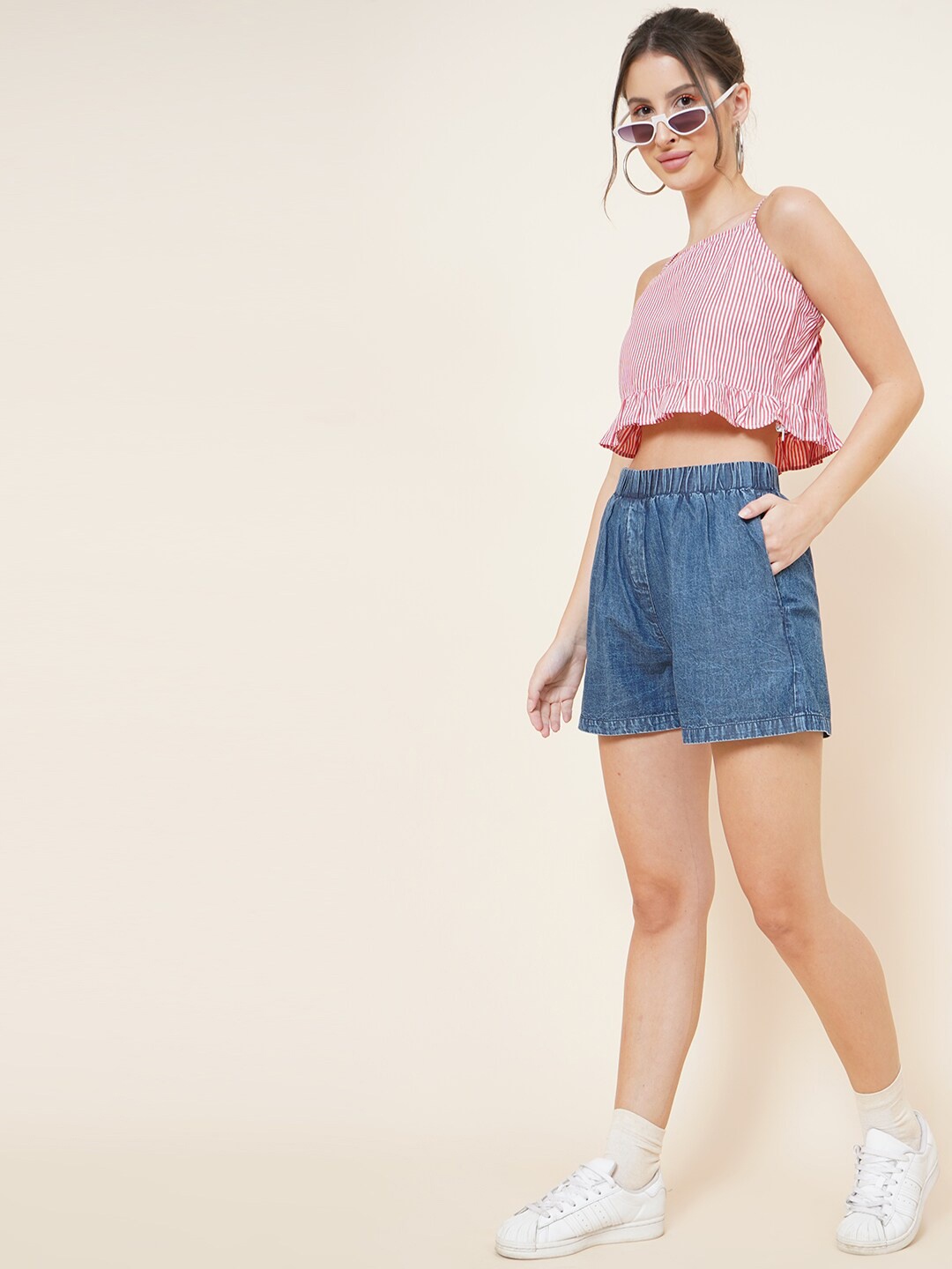 

DressBerry Women Red Striped Pure Cotton Crop Top