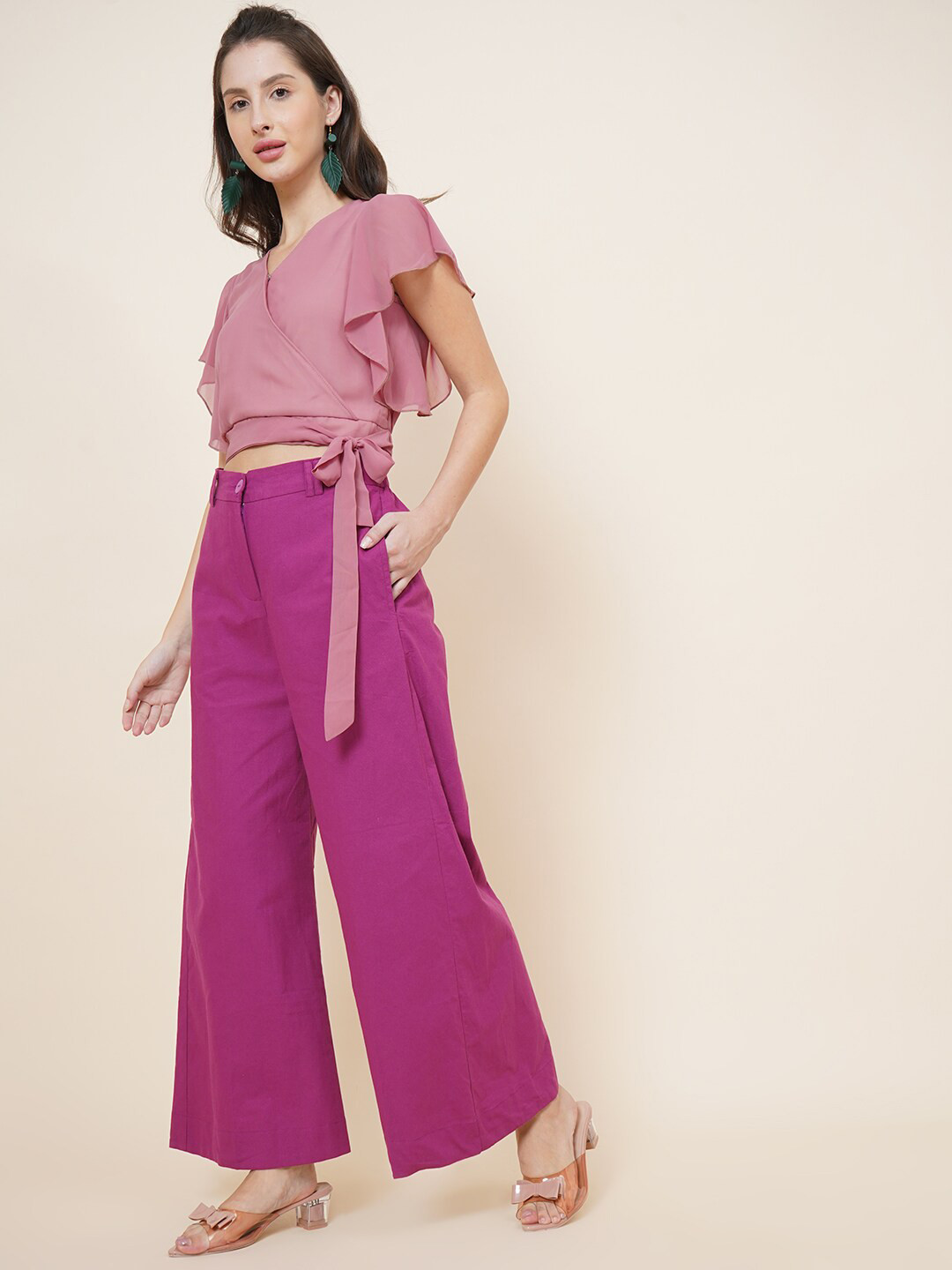 

DressBerry Women Pink Solid Wrap Crop Top