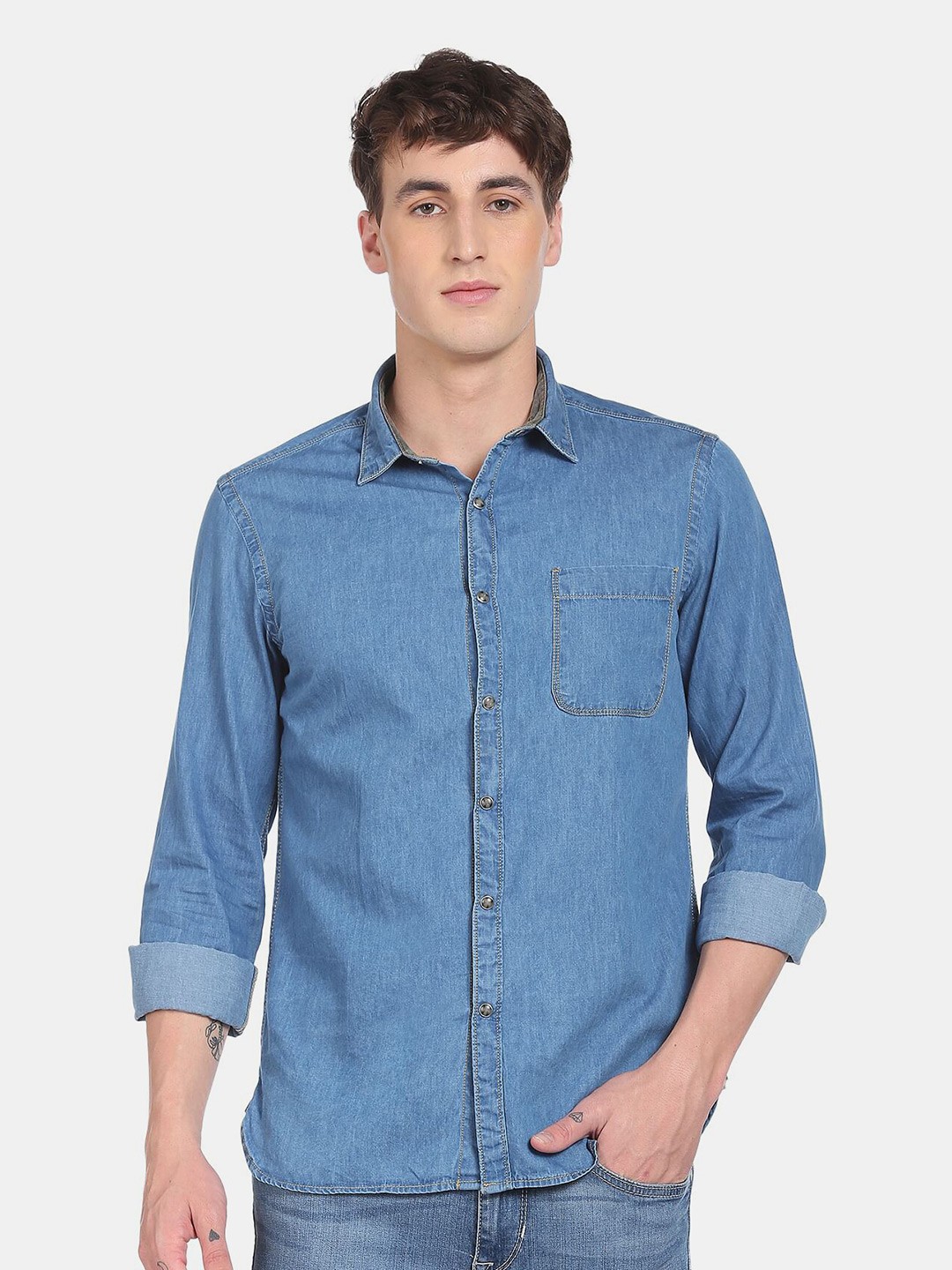 

Flying Machine Men Regular Fit Solid Cotton Casual Shirt, Blue